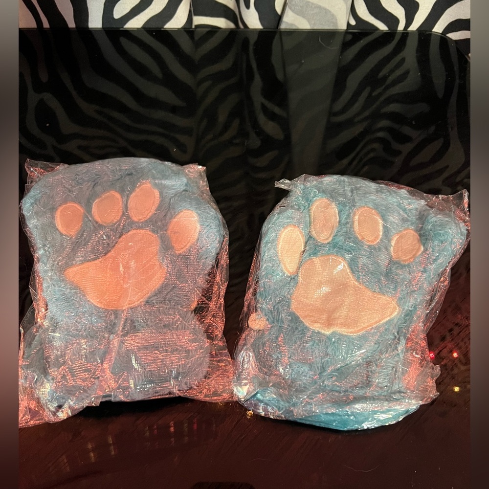 NEW teal blue fingerless cat gloves /kitten mittens plush fun festival spring
